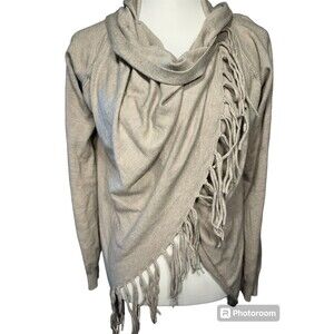 Tea N Rose Women’s Fringed Beige Cardigan Sweater Long Sleeve Cowl Bohemian M/L